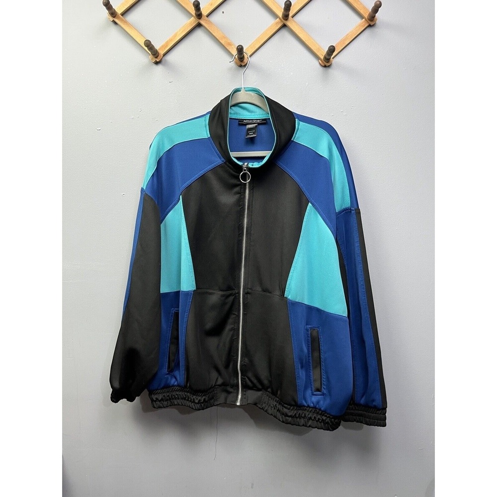Ashley Sport Track Jacket Women 26/28 Blue Black Colorblock O-Ring Zip Mock Neck